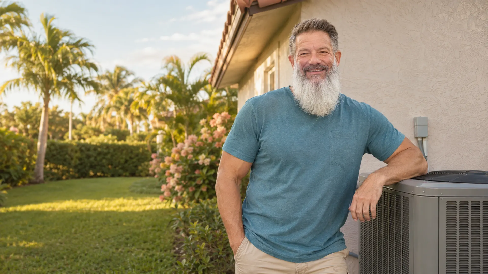 A homeowner standing confidently beside his AC condenser outside a Florida home