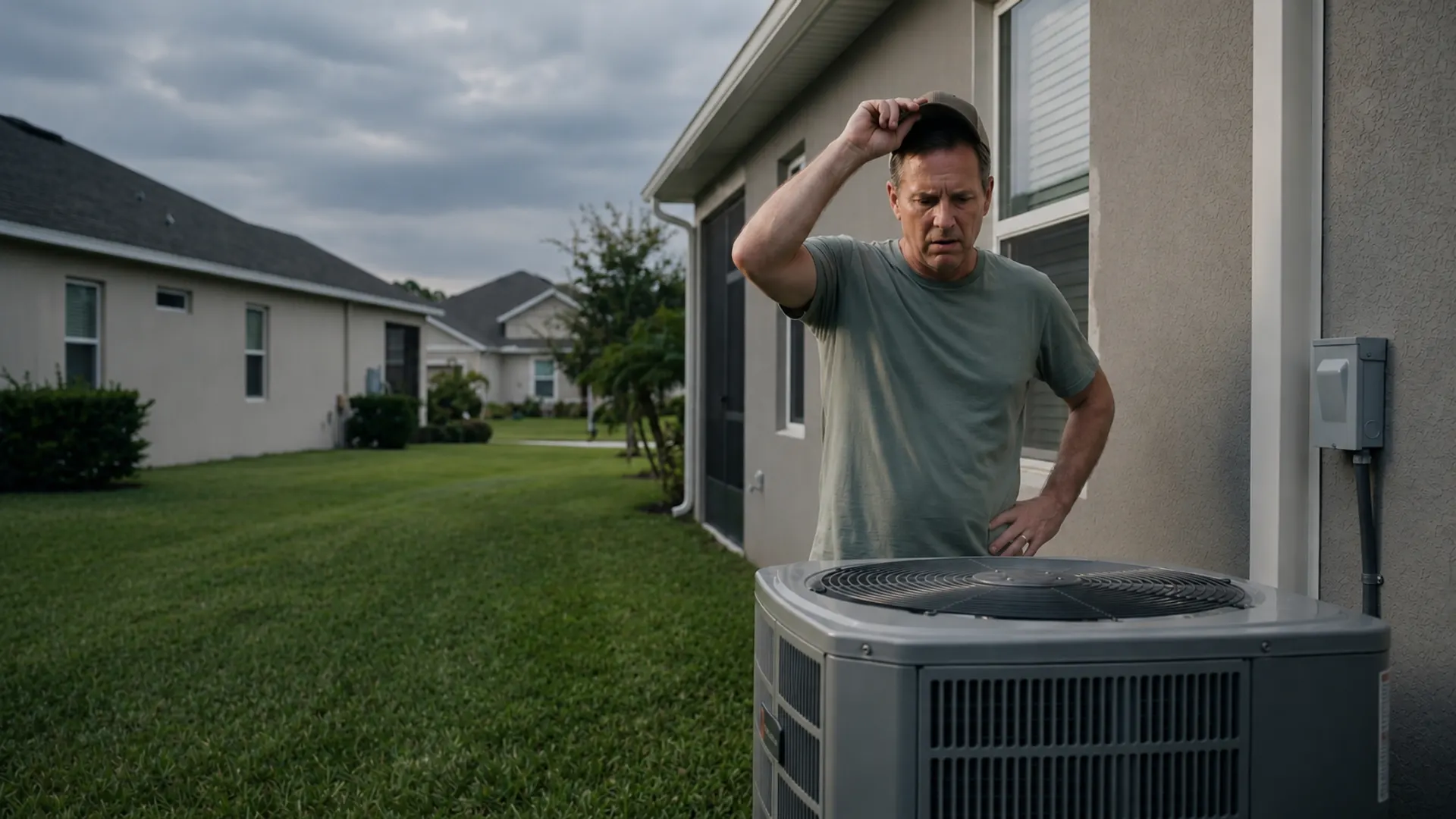 A Florida homeowner standing over his outdoor AC condenser, puzzled by a hard start